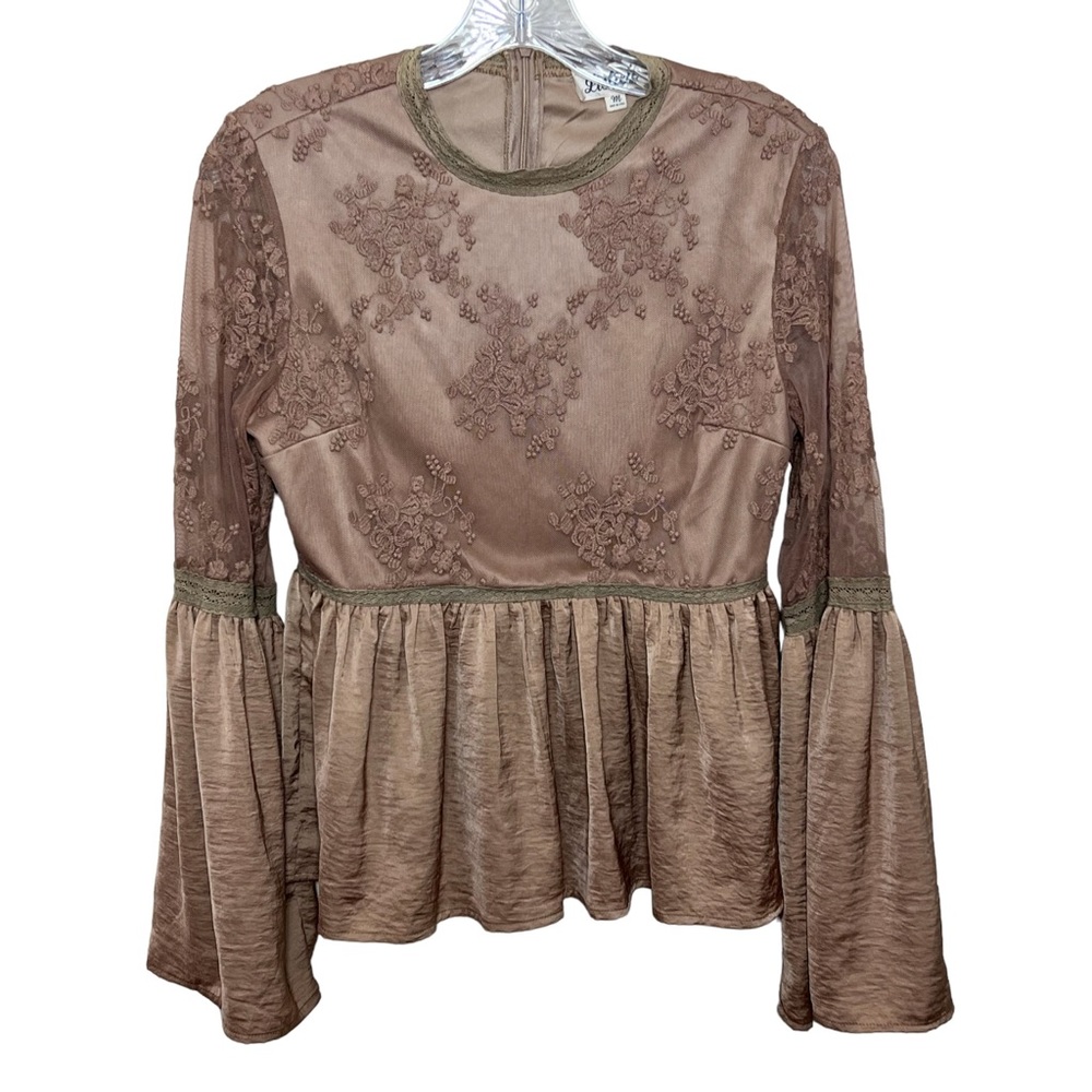 Lace Silky Peplum Top Bell Sleeves Size Medium